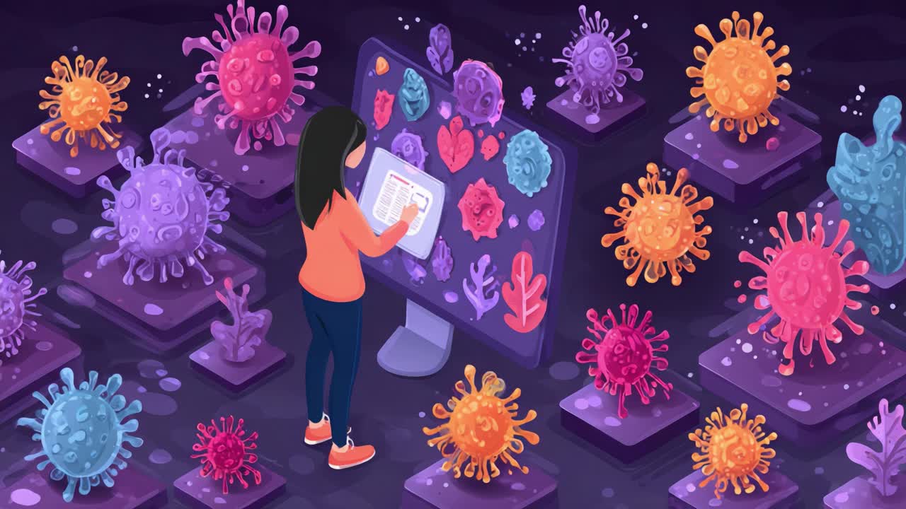 Una exploración de microorganismos vibrantes: un viaje visualmente atractivo a través de coloridos modelos que muestran varios tipos de bacterias y virus, lo que mejora la comprensión científica.
