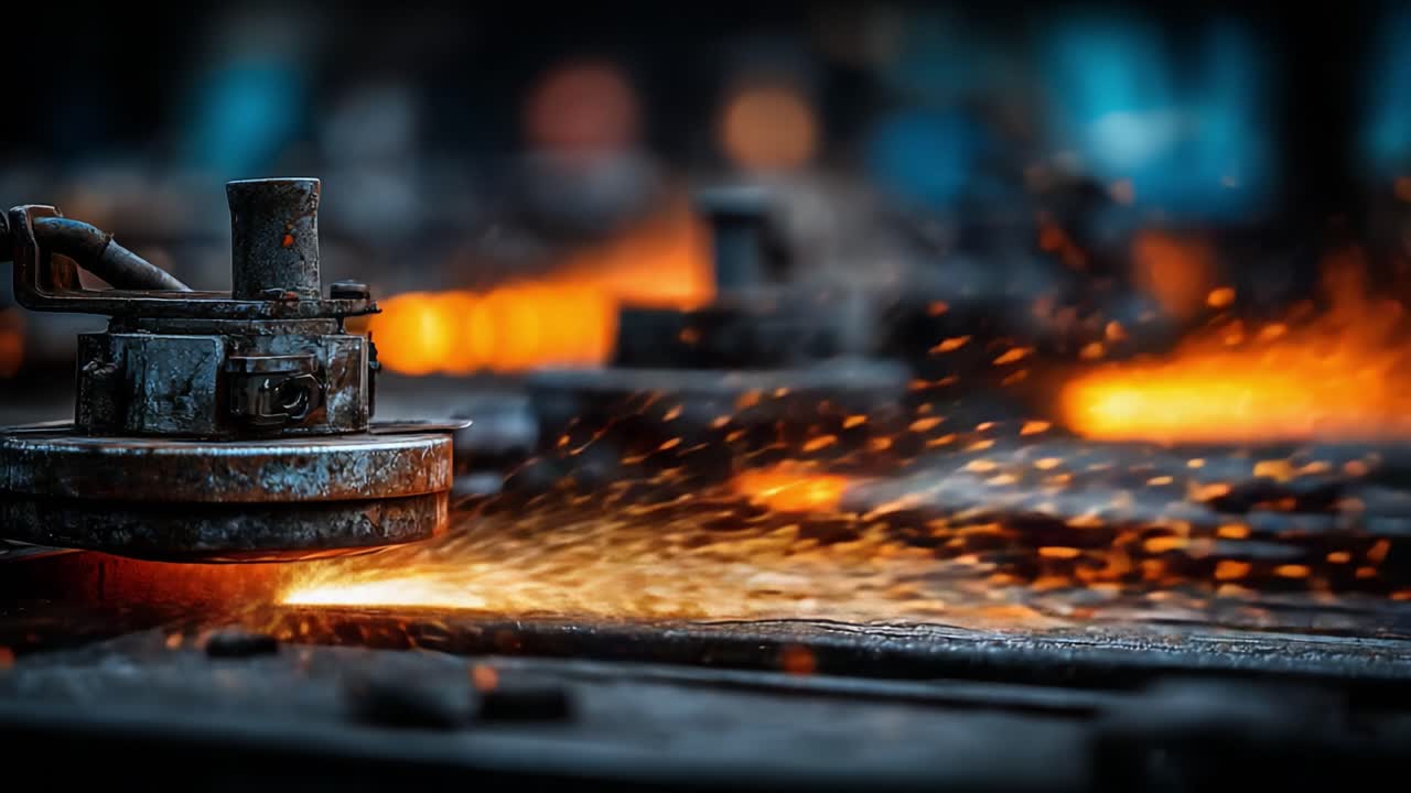 High-Intensity Spark Production during Metal Processing: Capturing the Dynamic Moment of Metalwork with Iridescent Sparks and Industrial Machinery