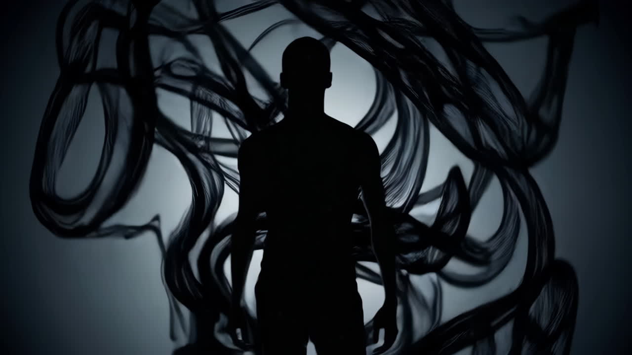 Silhouette of a Man with Flowing Dark Fabric