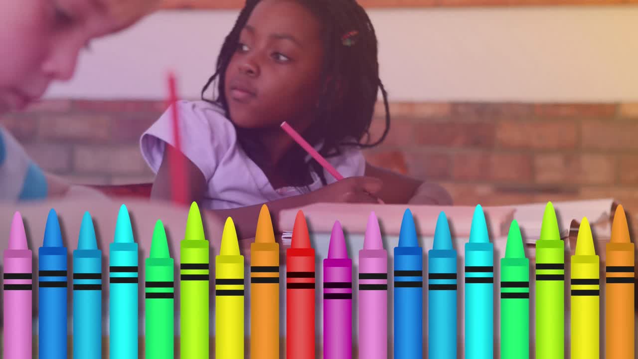 animación de lápices de colores sobre diversos dibujos de escolares