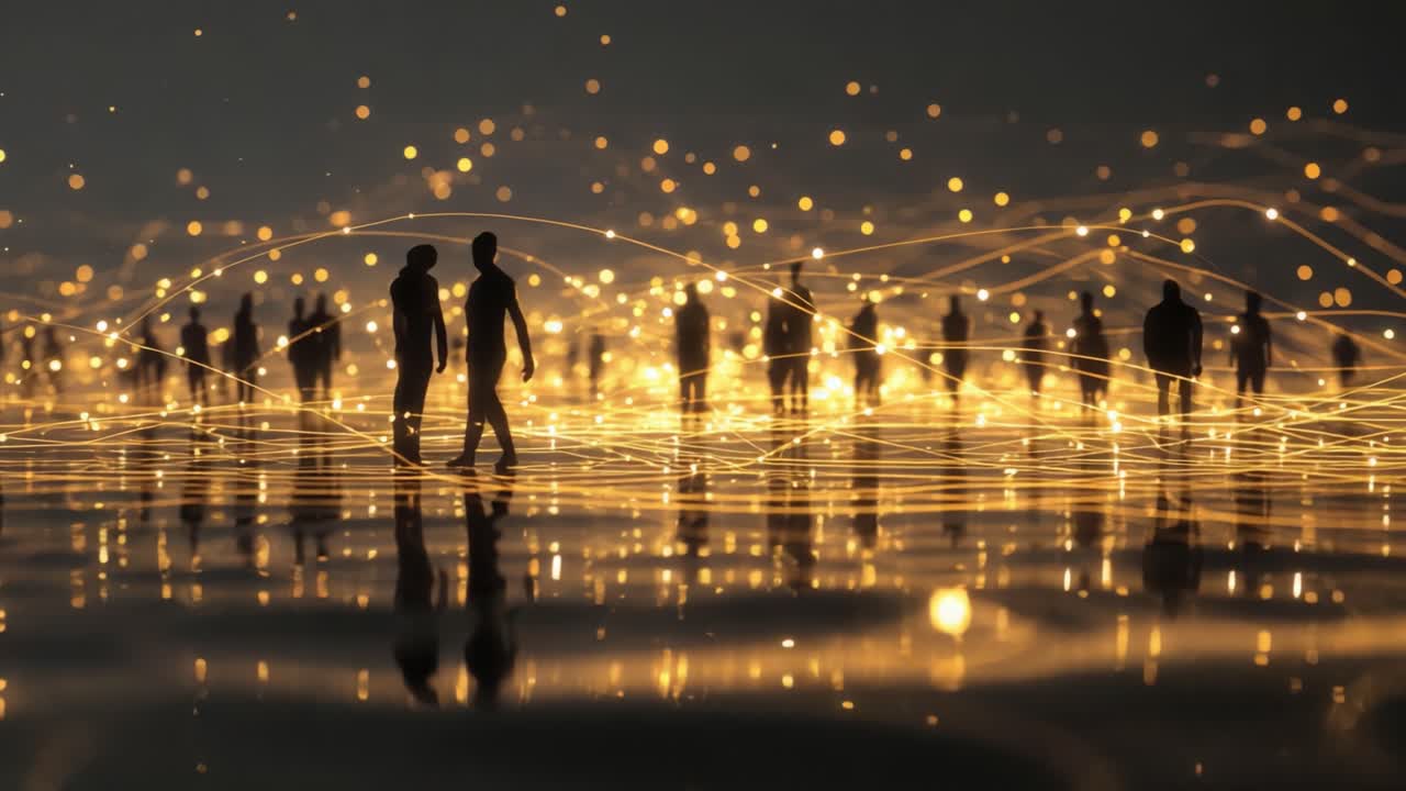 A mesmerizing display of silhouettes amidst a sparkling backdrop, showcasing the beauty and complexity of human connections in a realm filled with glowing lights and reflections on a serene surface