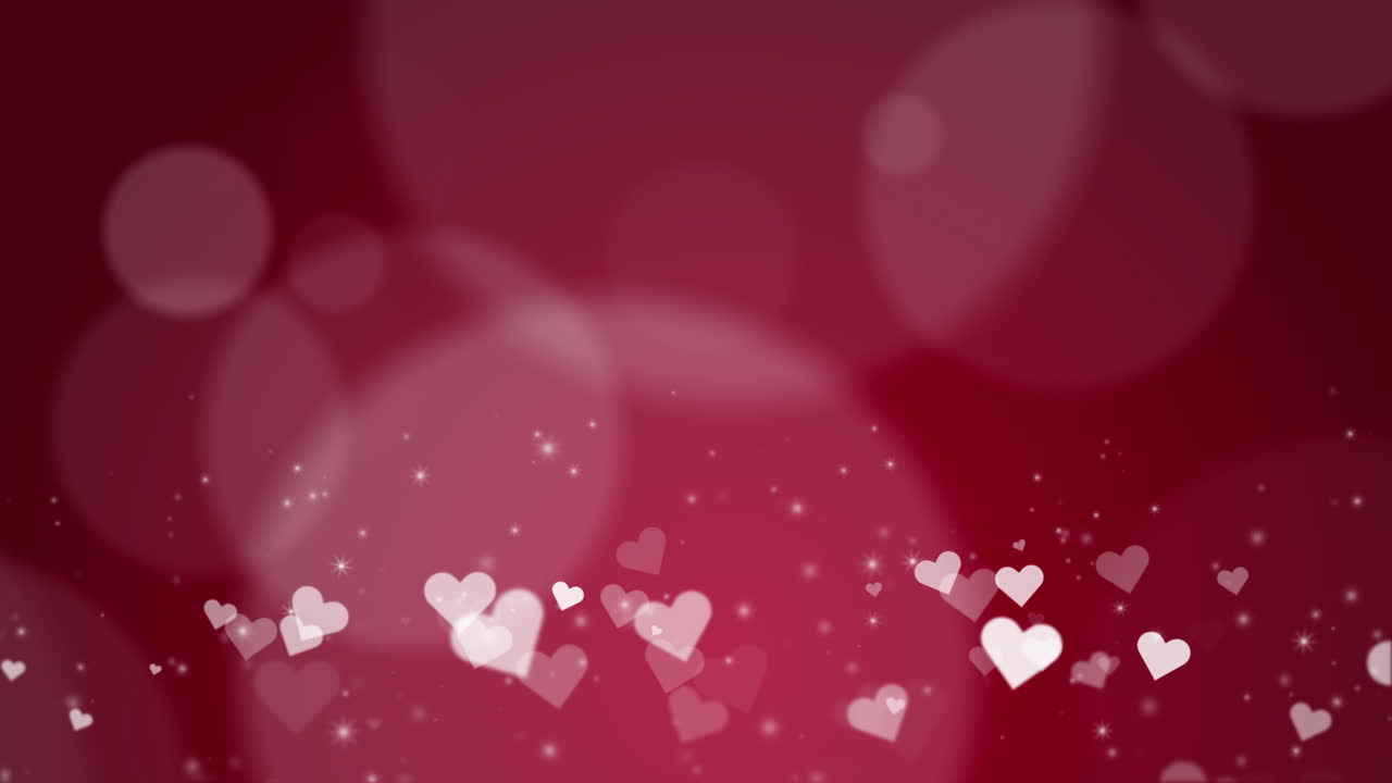 Burgundy abstract romantic background with flying hearts and round blurred bokeh. Looped animation. Copy space.
