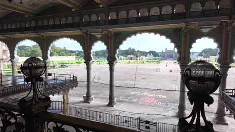 4k sweeping view of the palace grounds from the inside of the mysore palace in india