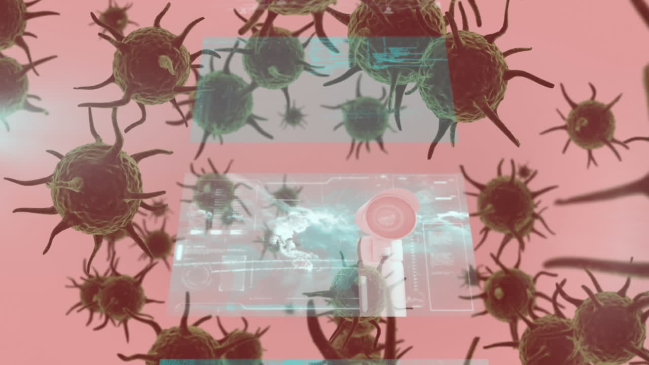 animación del procesamiento de datos y células de covid 19 flotantes