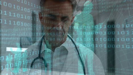 Animation-of-caucasian-male-doctor-using-tablet-over-data-processing