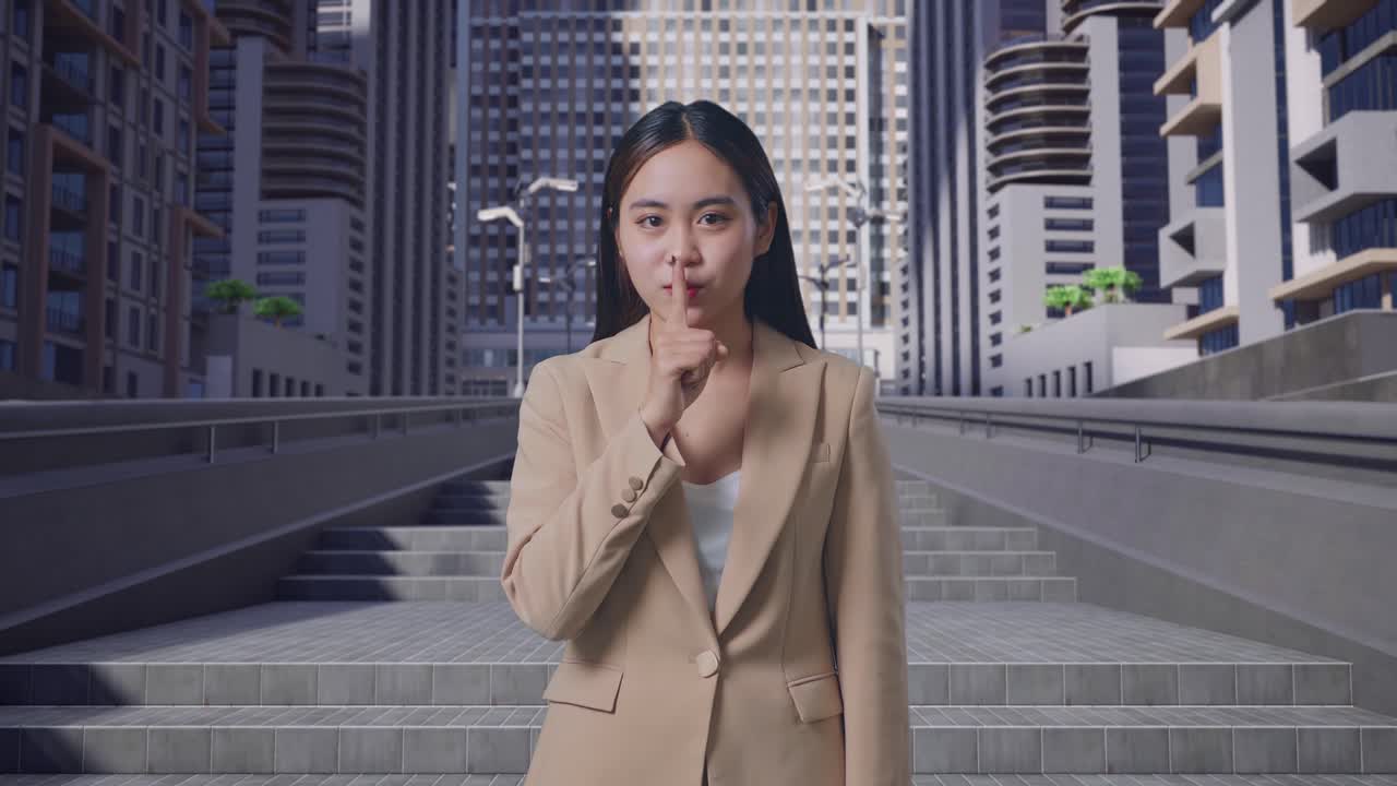 비즈니스 의상을 입은 여성이 도시 환경에서 침을 제스처합니다.