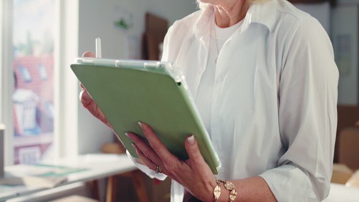 Donna professionista che lavora su tablet digitale con stilo