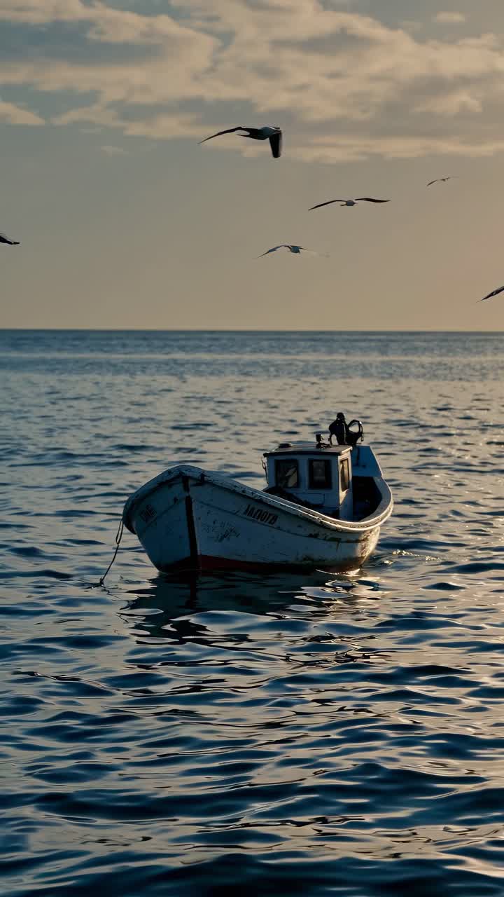 A serene video captures a lone boat on calm waters at sunset, viewed from a low angle, with seagulls