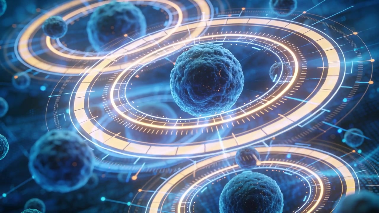 Zooming camera toward central large sphere in digital field, revealing rings and connector lines