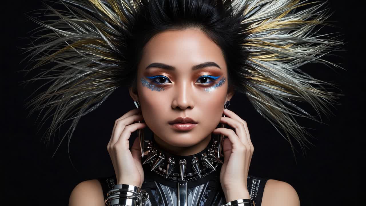 Audace dichiarazione di moda nell'estetica moderna: uno splendido ritratto che mette in risalto capelli unici e dettagli di trucco accattivanti in un'ambientazione da studio scura.