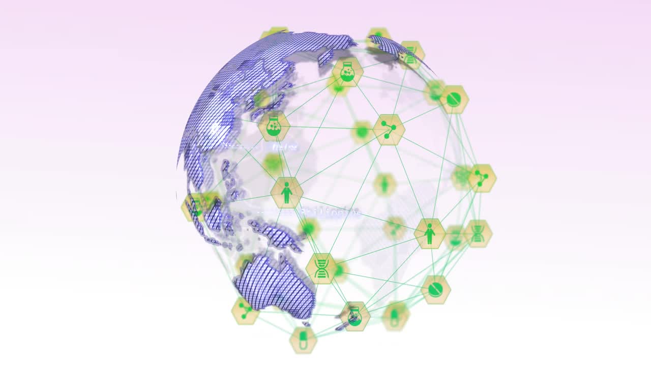animación de una red de iconos digitales sobre un globo giratorio contra un fondo gris.
