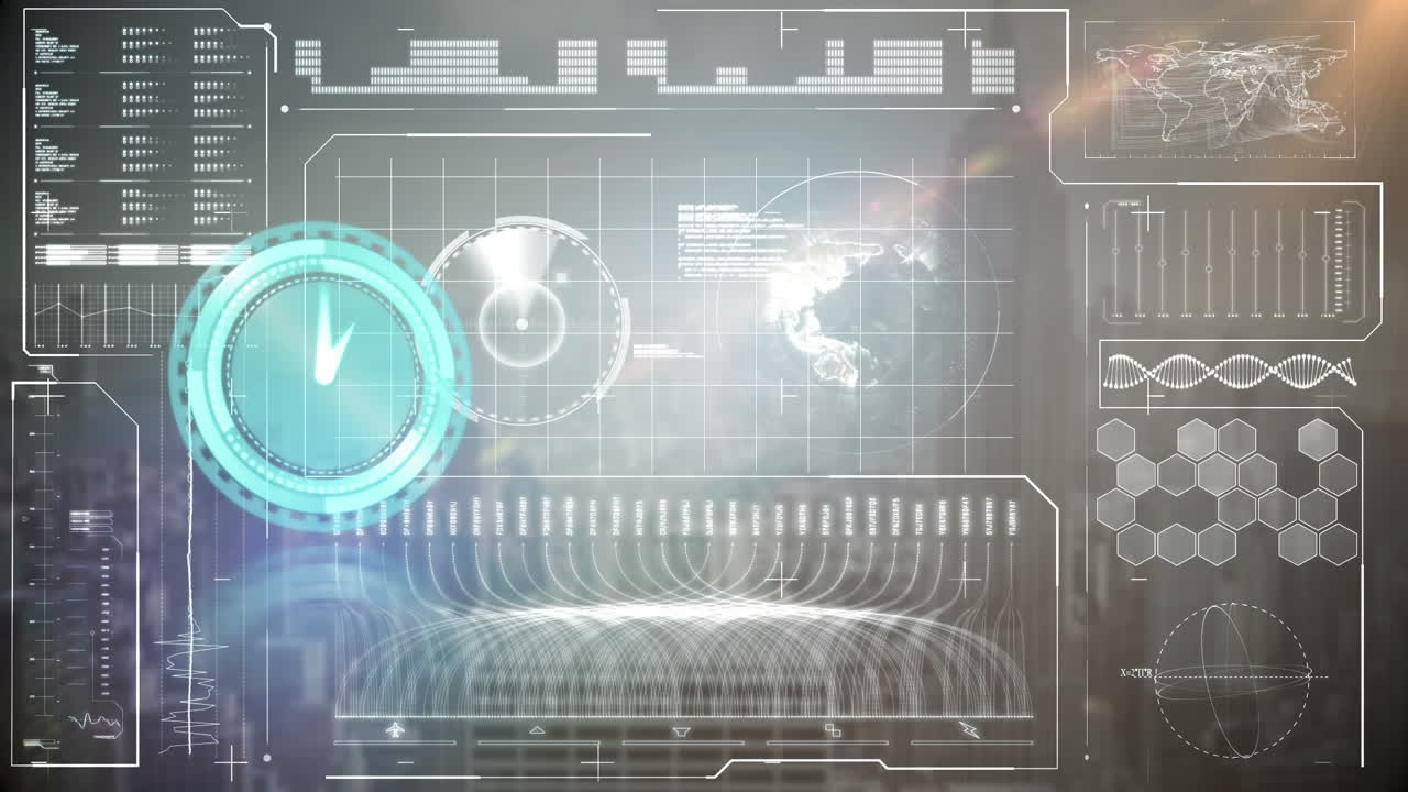 Animation of digital interface with clock over dark background