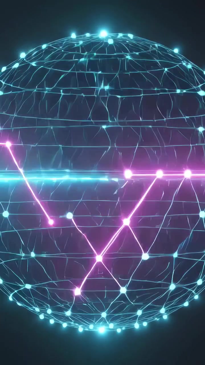 Video verticale: Percorso magenta che accende un globo geodetico illuminando i nodi e un raggio ciano pulsante per i dati.