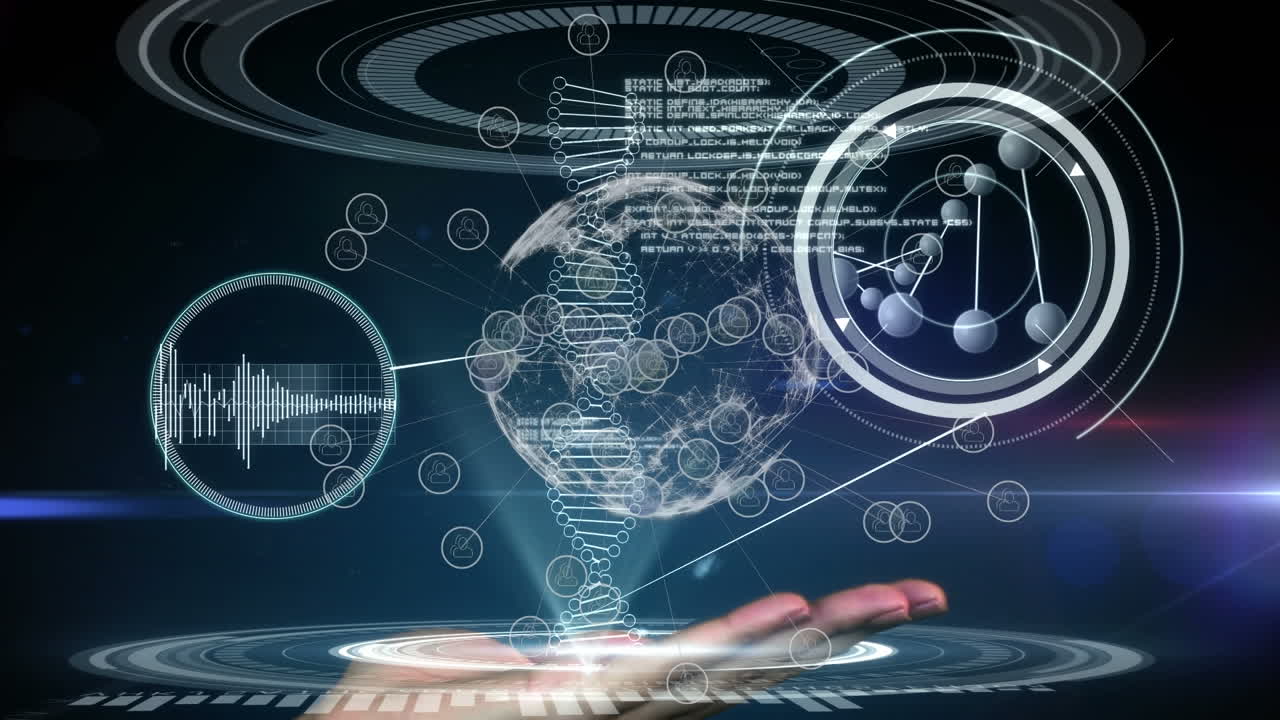 검은색 배경에 있는 dna 줄기 위의 연결 네트워크의 애니메이션과 데이터 처리