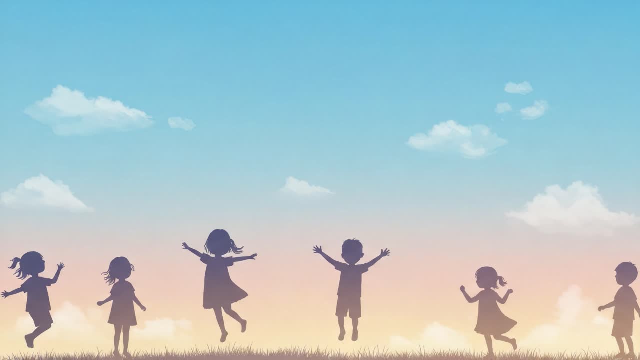 Children Joyfully Playing Silhouetted Against a Beautiful Sky at Dusk, Expressing Happiness and Freedom Through Their Lively Movements in a Serene Outdoor Setting