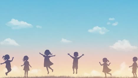children joyfully playing silhouetted against a beautiful sky at dusk, expressing happiness and freedom through their lively movements in a serene outdoor setting