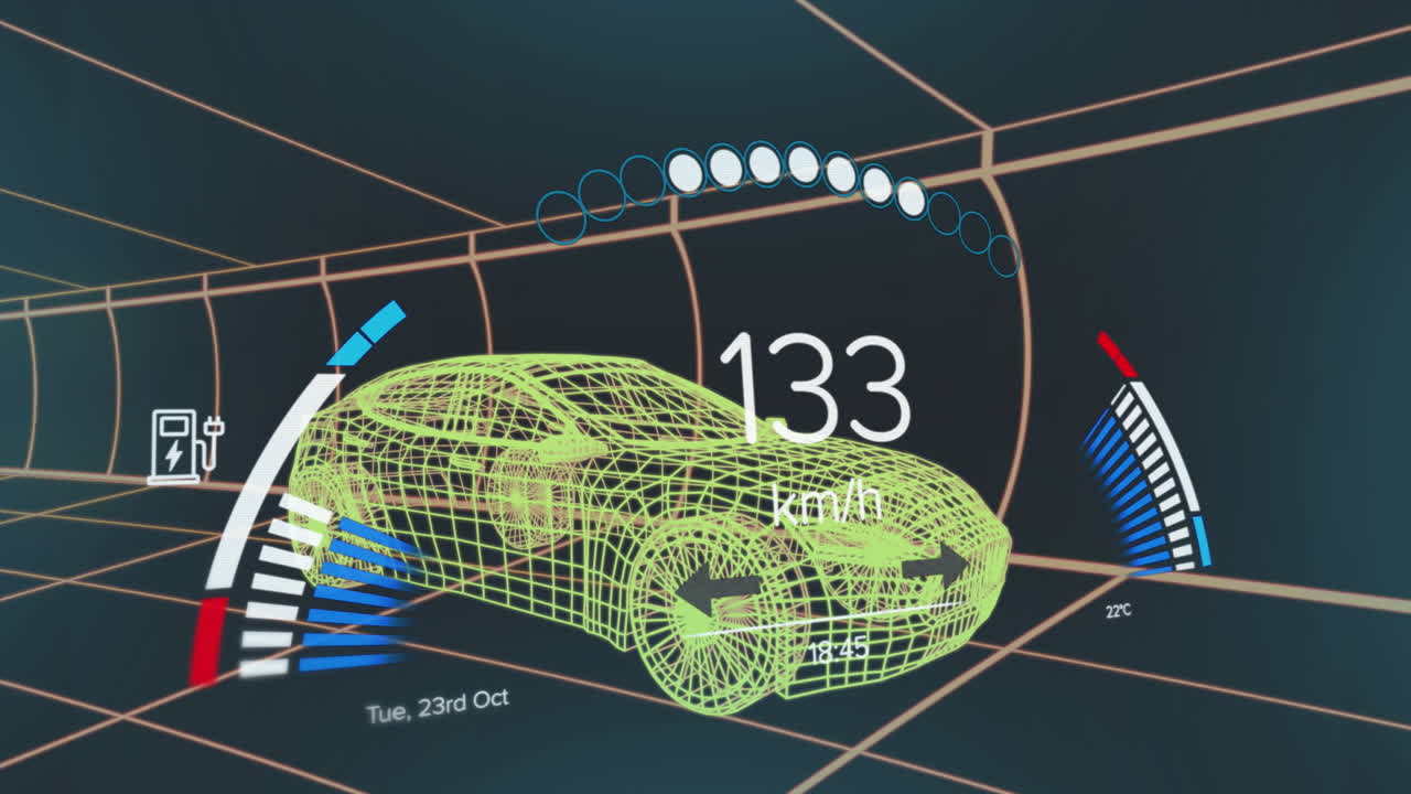 터널에서 원활한 패턴으로 움직이는 3d 자동차 모델에 대한 스피도미터 인터페이스의 애니메이션