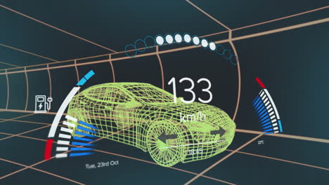animación de la interfaz del velocímetro sobre un modelo de coche 3d que se mueve en un patrón sin costuras en un túnel.