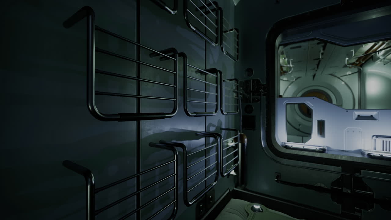 Inside a spacecraft room metallic storage racks line the walls