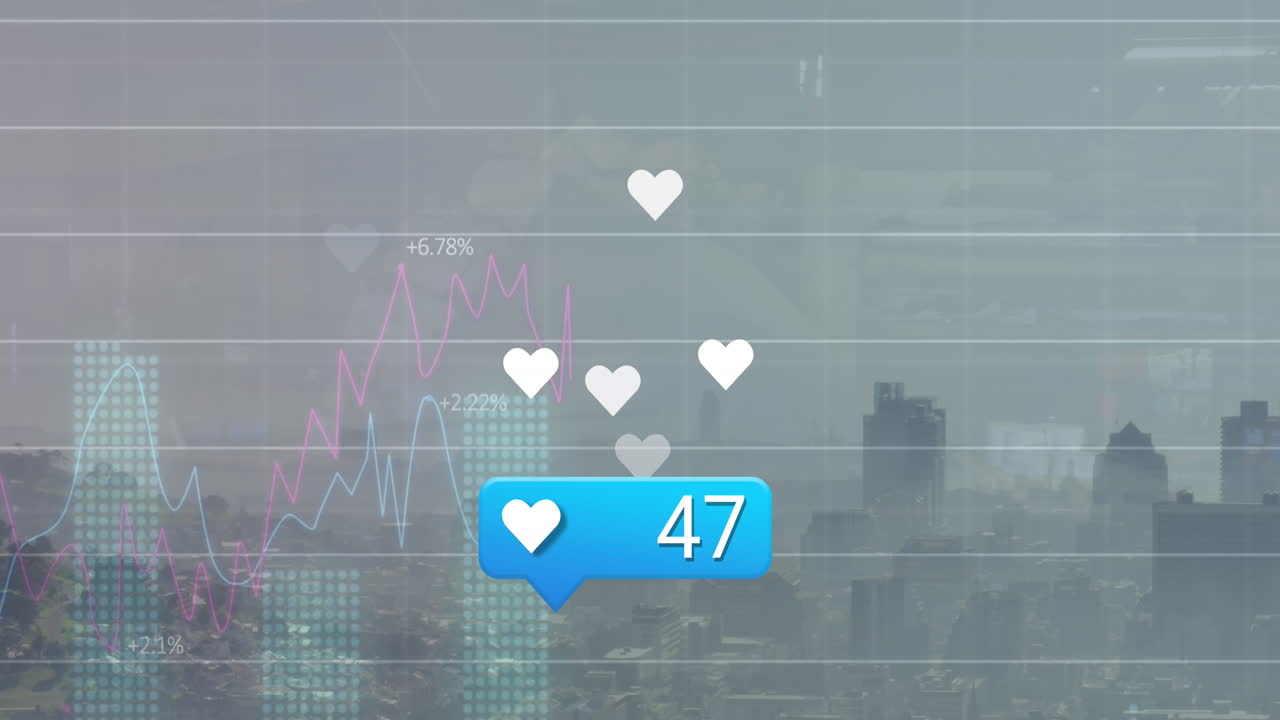 animación de iconos similares con números crecientes y procesamiento de datos estadísticos contra el paisaje urbano