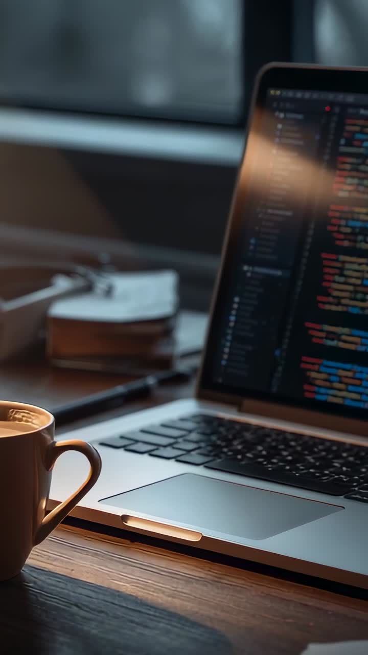 Lodret video: Panorerende kamera afslører en bærbar computer fyldt med kode på et skrivebord ved vinduet, med kaffe.