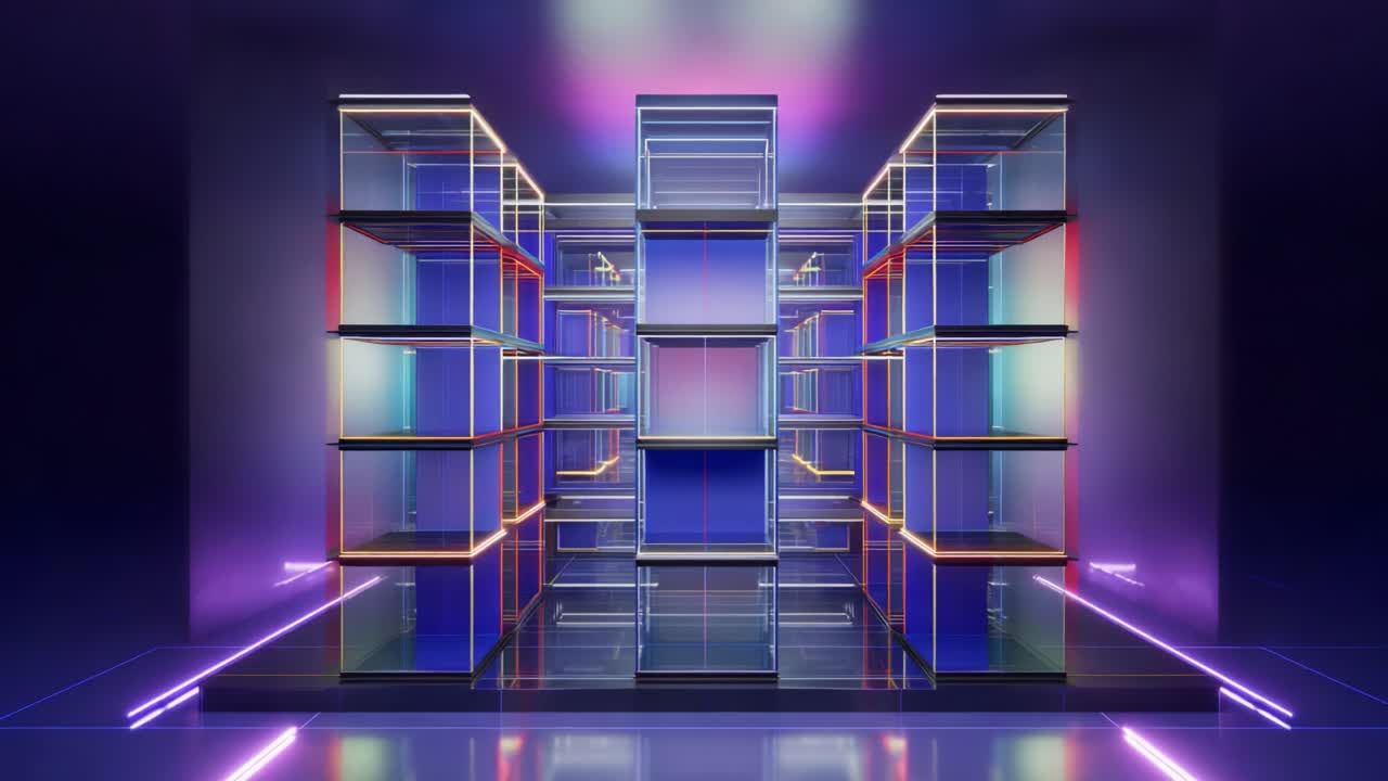 Futuristic Digital Showcase: A Stunning 3D Visualization of Transparent Building Structures Illuminated by Neon Lights, Creating a Mesmerizing Spatial Environment