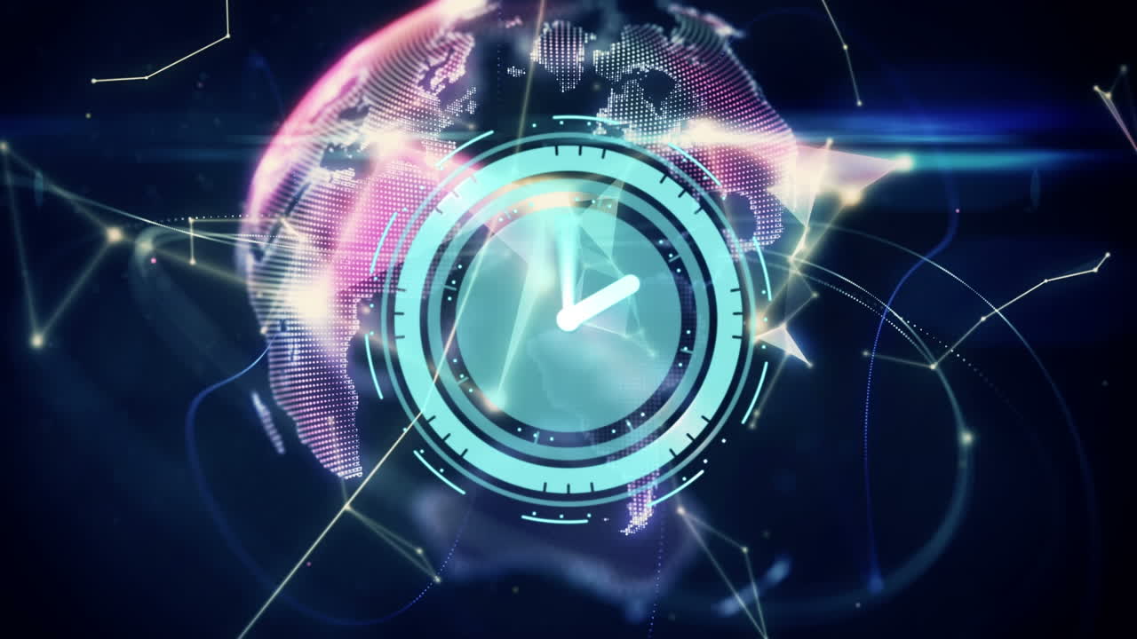 연결 네트워크의 애니메이션, 시계 이동 및 검은 바탕 위의 지구