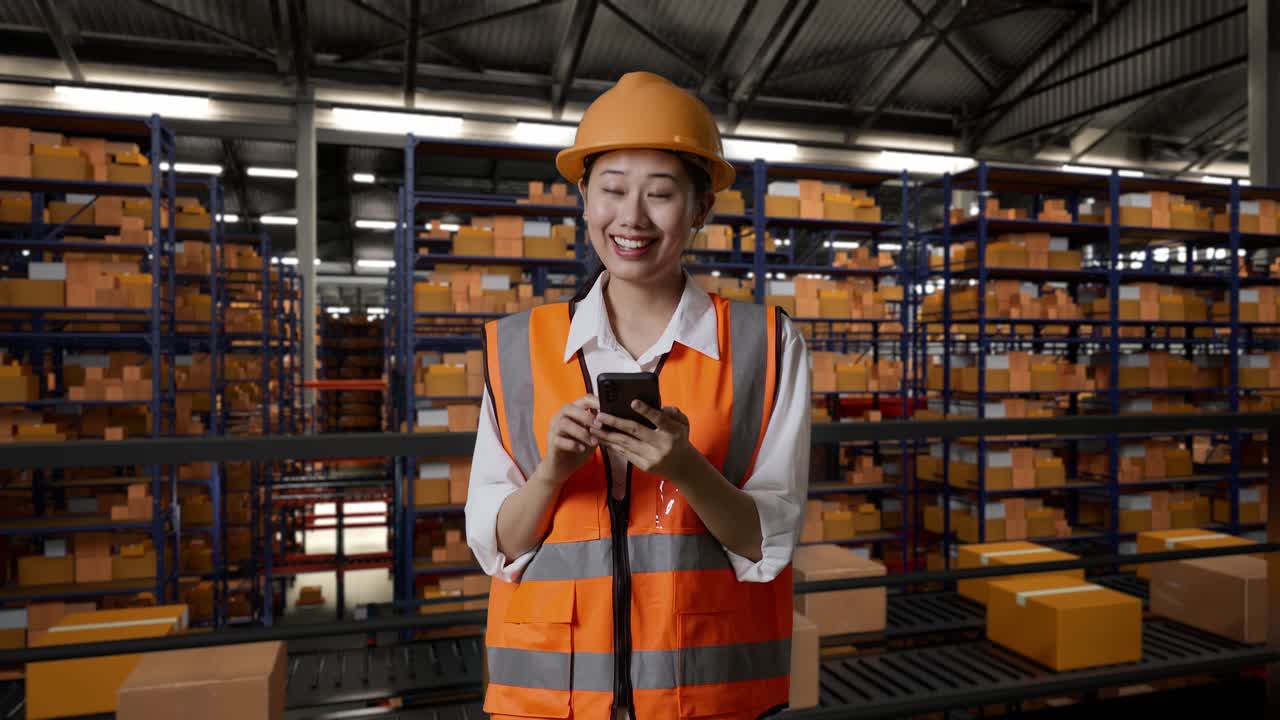 Ingegnere asiatica con casco di sicurezza che usa lo smartphone e si guarda intorno mentre è in piedi nel magazzino con scaffali pieni di merci in consegna