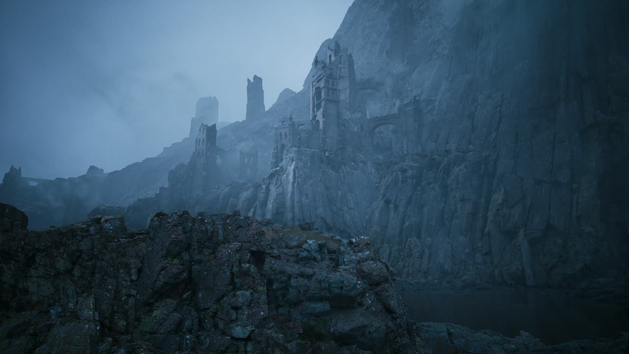 Ancient ruins under a cloudy sky in a secluded landscape setting