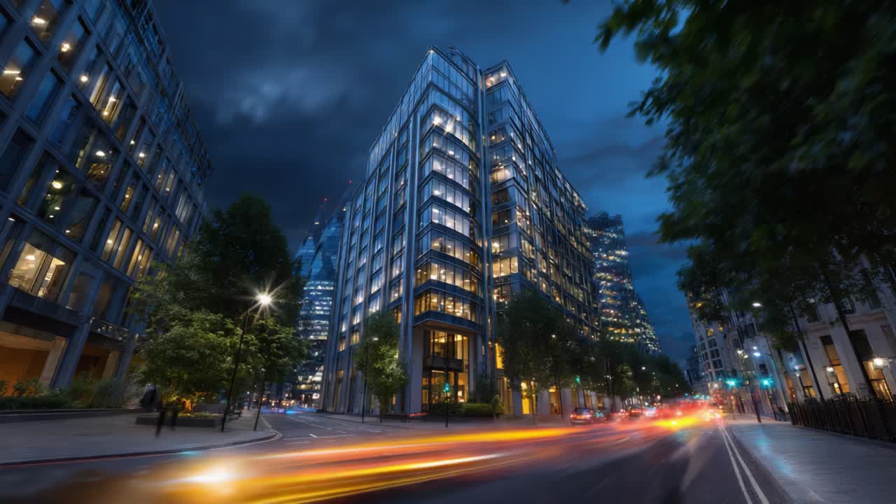 Paisagem urbana noturna impressionante, mostrando arquitetura moderna e iluminação dramática em um plano de fundo de céus escuros e movimento do tráfego