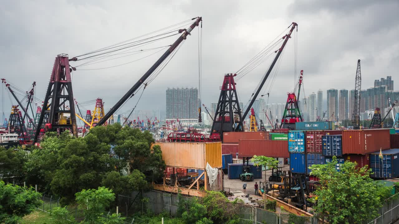 Timelapse View of Workers at Container Port in Hong Kong, China, One of the Busiest Ports in the World