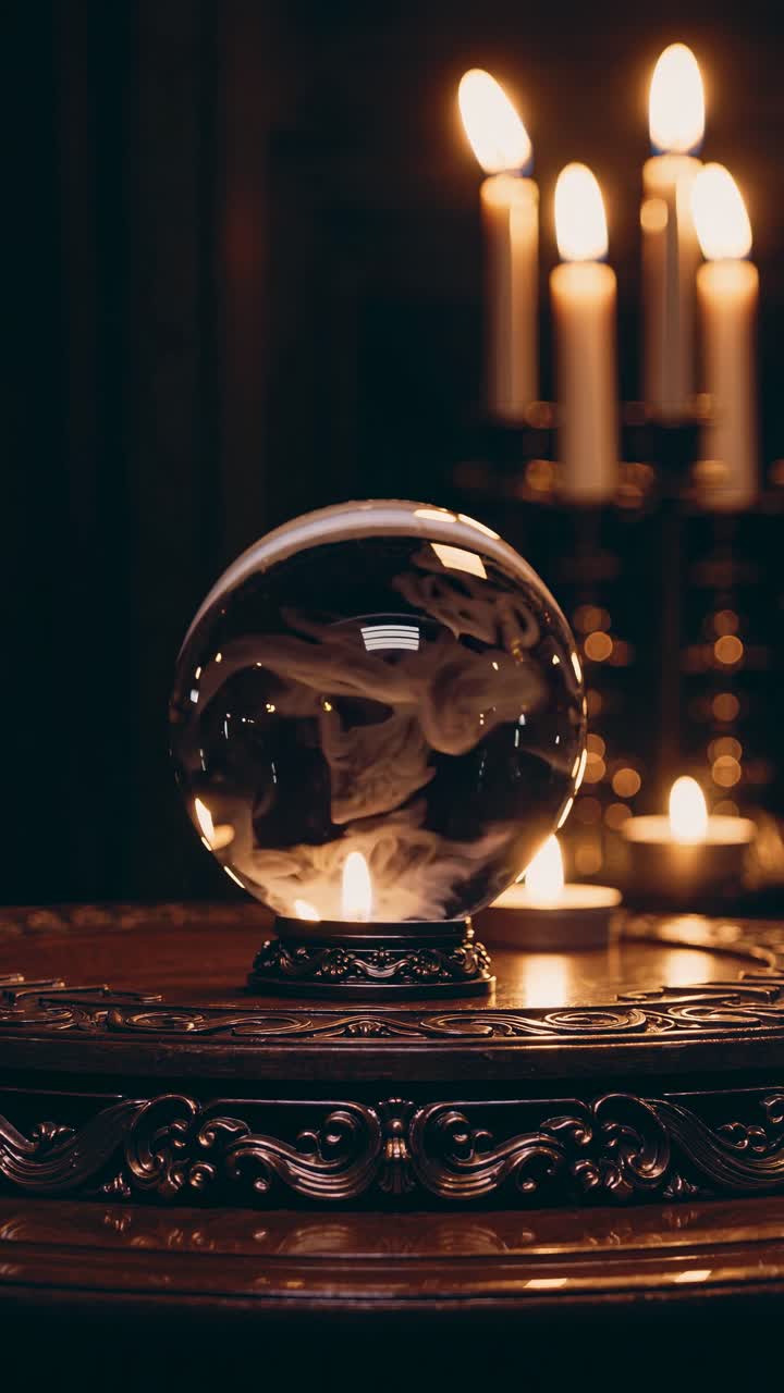 A mystical video scene with a low-angle view of a crystal ball on an ornate table