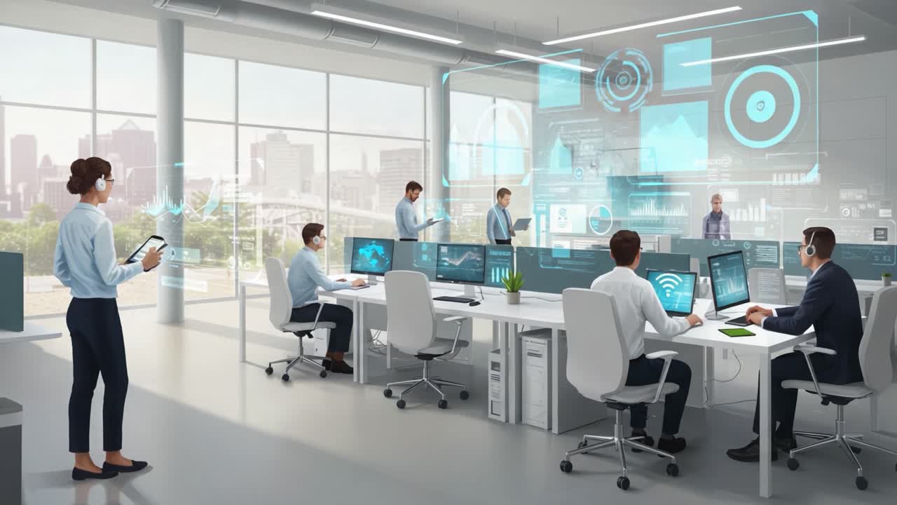 A Modern Collaborative Workspace Showcasing Advanced Technology and Team Engagement in a High-Tech Office Environment with Interactive Data Displays