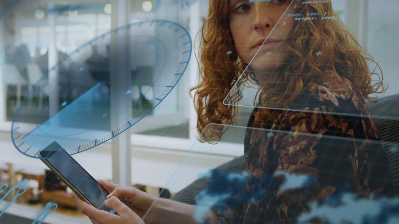 Woman tapping tablet right thumb swiping scanning bringing blue HUD overlays for atrium tech demo