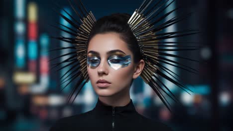 a futuristic portrait: captivating model with stunning makeup, dramatic headpiece, and urban background reflects modern aesthetics and artistic expression