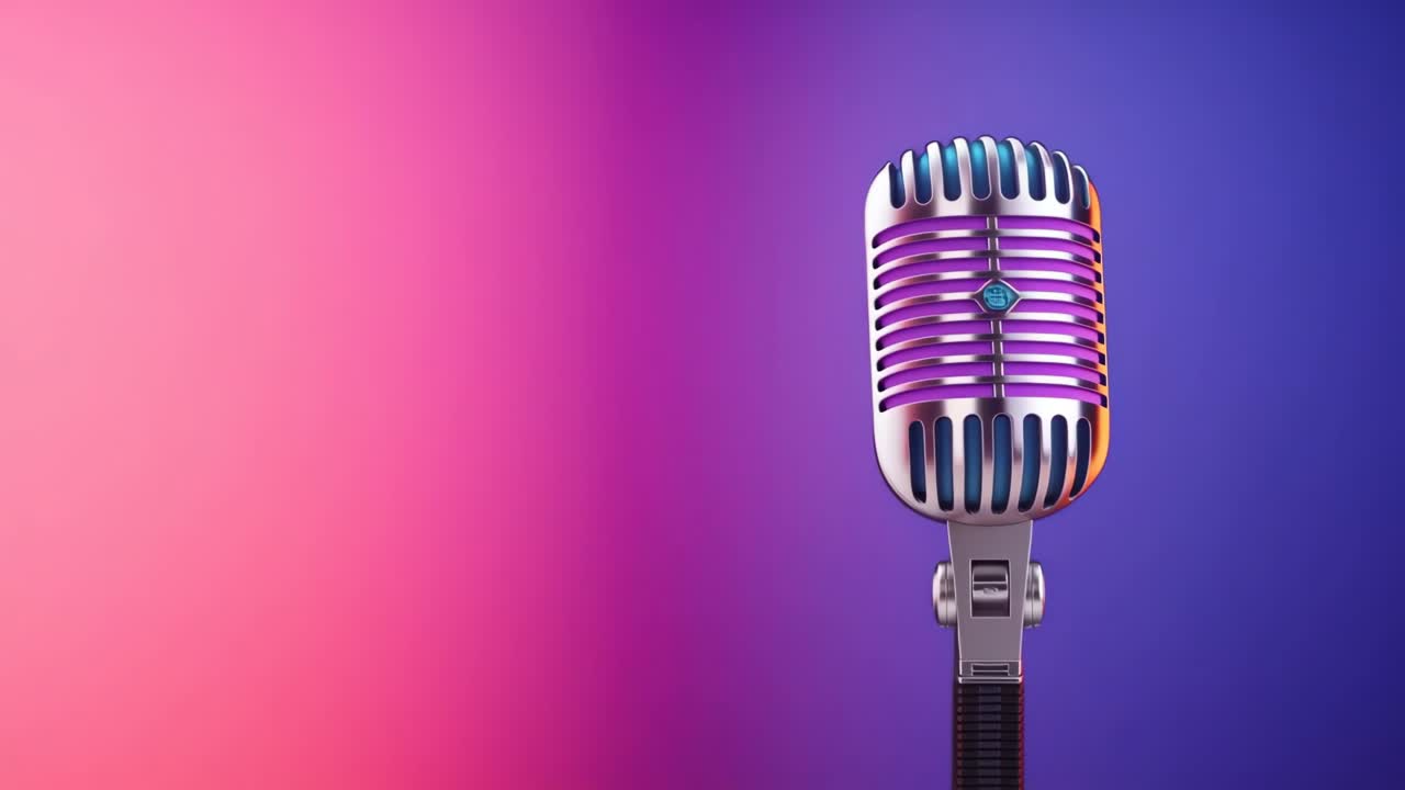 Vintage microphone against a vibrant pink and purple gradient background, captured from a side