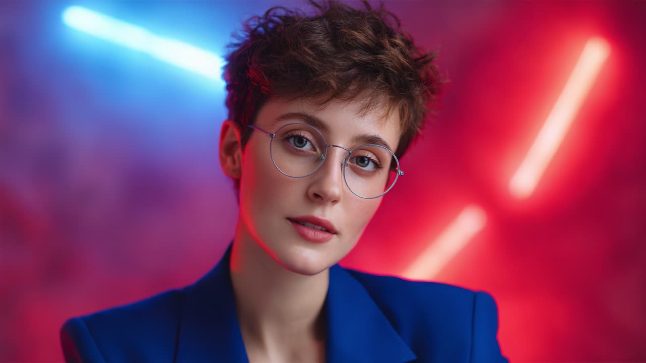 A striking portrait highlighting a stylish individual with short hair and glasses against a vibrant background illuminated by colorful neon lights, capturing a modern aesthetic