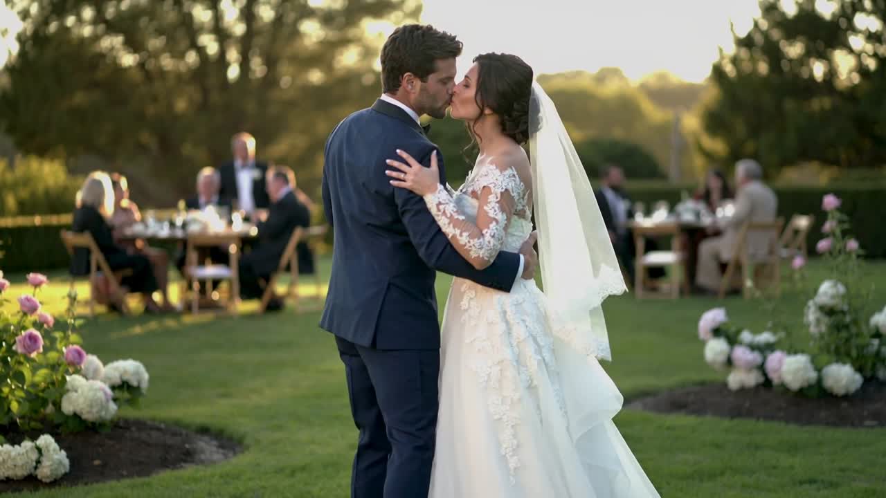 Novios abrazándose y besándose en el césped de la recepción, celebrando con velo, vestido de novia y traje azul marino.