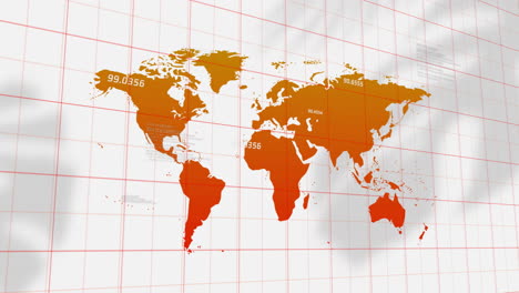 animation of world map with data processing over lines on white background