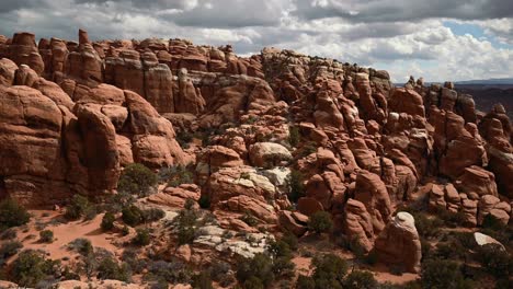 View-of-the-Fiery-Furnace-at-Arches-National-Park-on-a-cloudy-day,-time-lapse