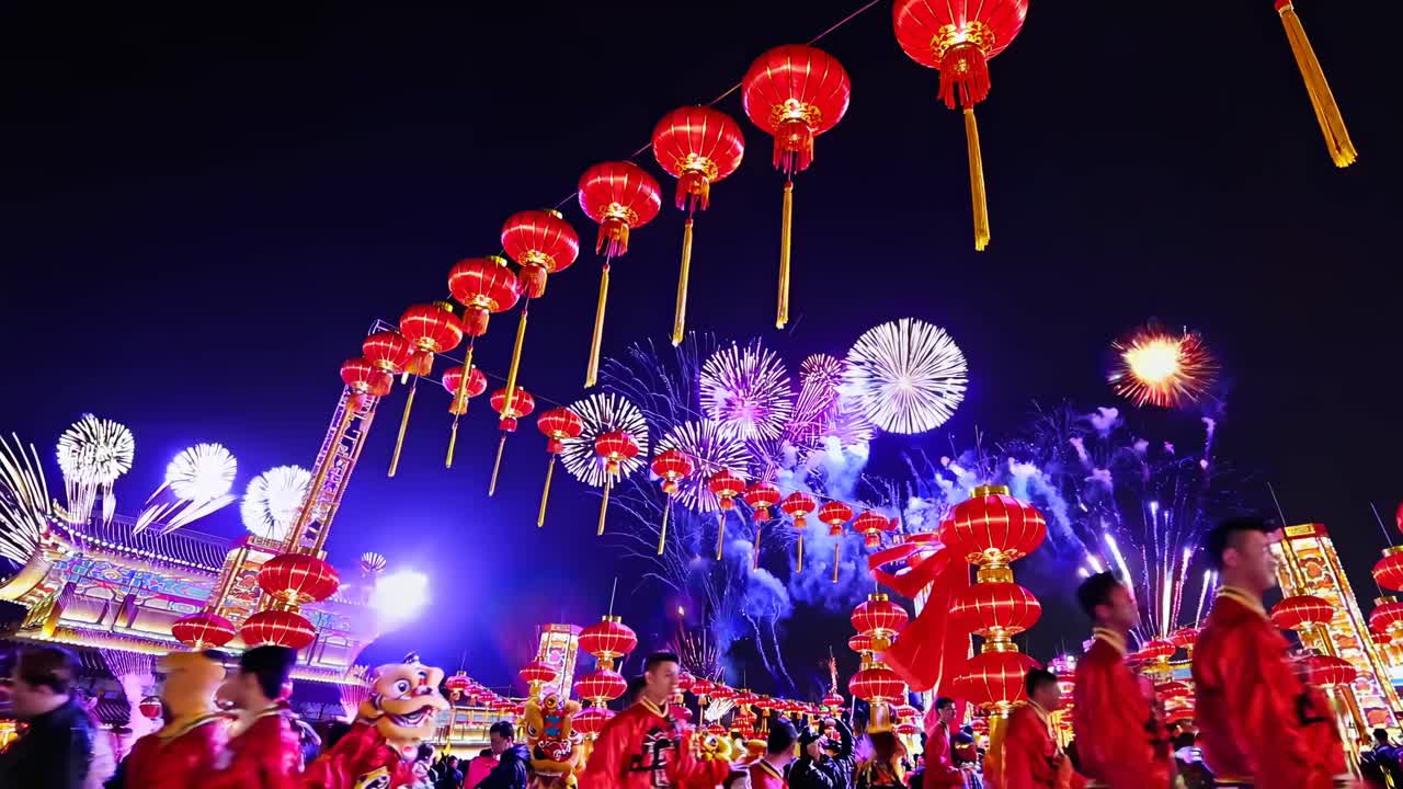Vibrant festival scene with red lanterns and fireworks, captured from a low angle