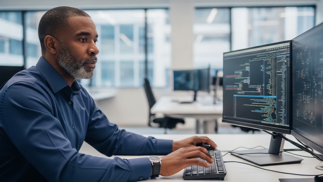 Focused Programmer Analyzing Complex Code Structures in a Modern Office Environment, Showcasing High-Level Technical Skills and Problem-Solving Abilities