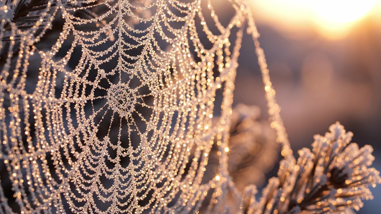 Uno splendido primo piano di una ragnatela coperta di rugiada, catturato alla luce del primo mattino, che mostra l'intricata bellezza della natura e la magia delle mattine gelide.