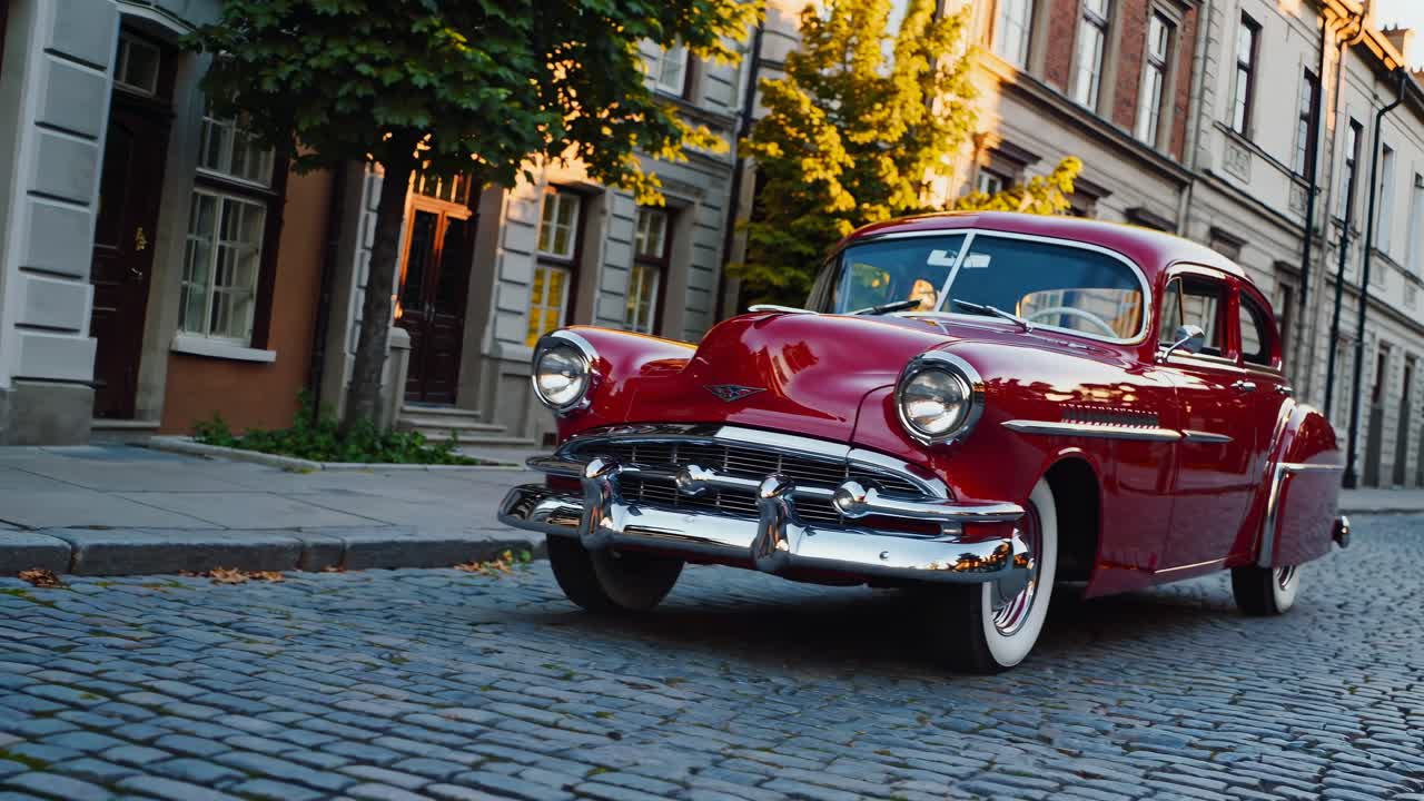 Low-angle video shot of a vintage red car driving on a cobblestone street, capturing a nostalgic