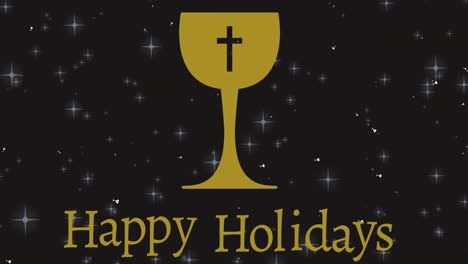 animation of christmas greetings with christian chalice with cross and stars falling on black