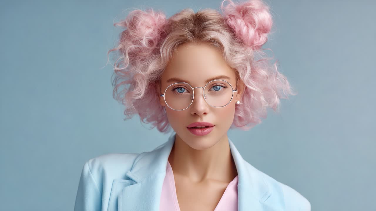 A Stylish Portrait of a Young Woman with Pink Curly Hair and Round Glasses, Showcasing Modern Fashion Trends and Playful Expressions Against a Soft Blue Background