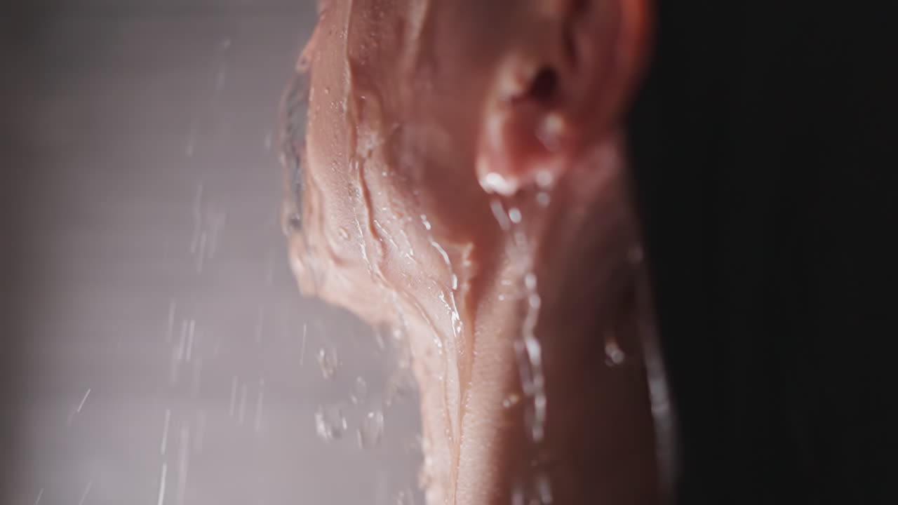 샤워 클로즈업에서 얼굴에 물 스프레이를 가진 여성; 평온한 여인은 가정 욕실에서 편안한 절차를 즐긴다.