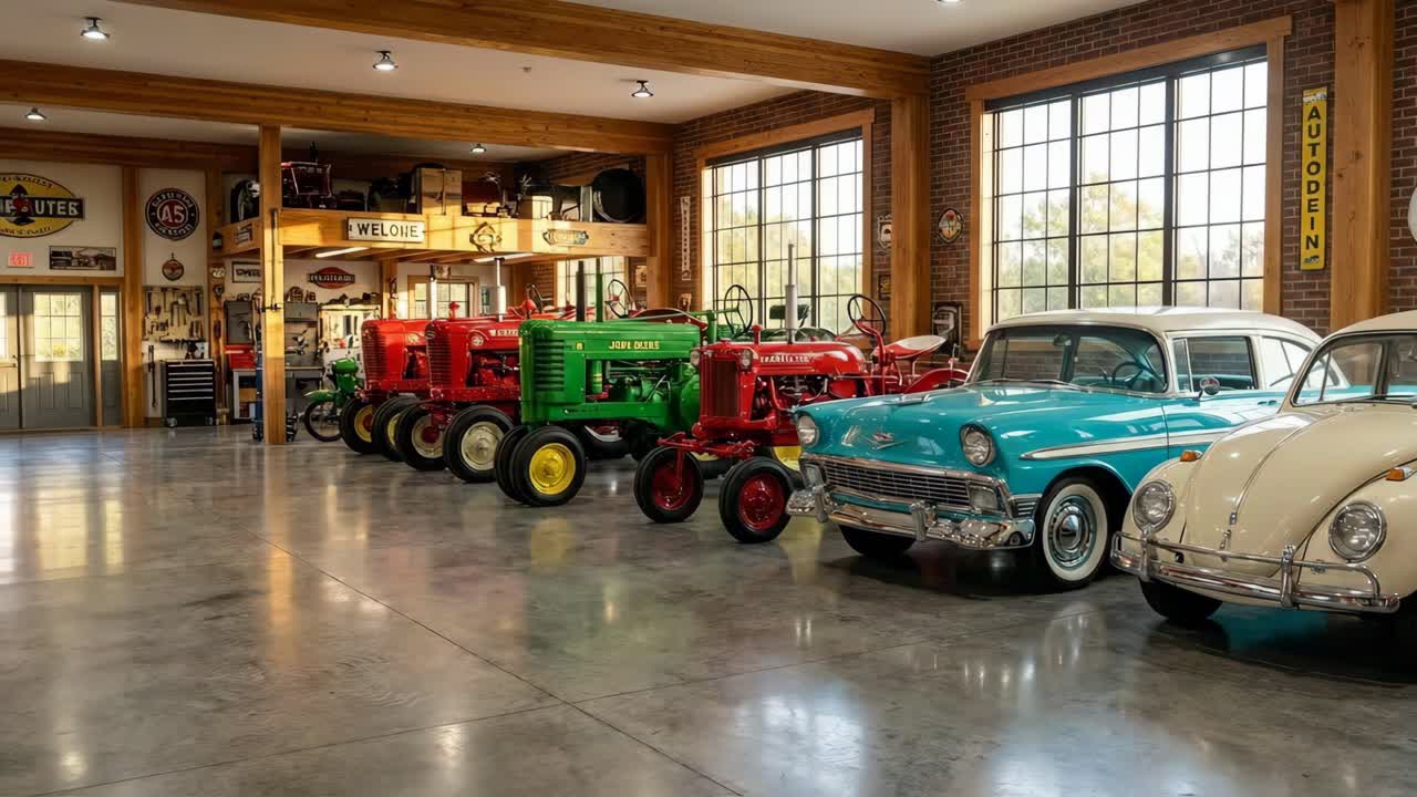 Oldtimer- und Traktorsammlung in einer Garage
