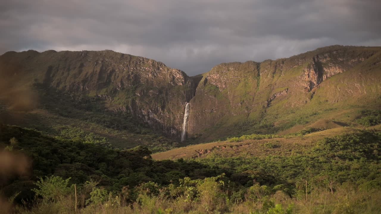 Majestic view of the Serra da Canastra in Minas Gerais, Brazil with a waterfall