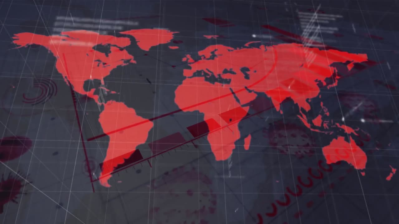 animación de células de covid 19 y mapa del mundo con registro de estadísticas